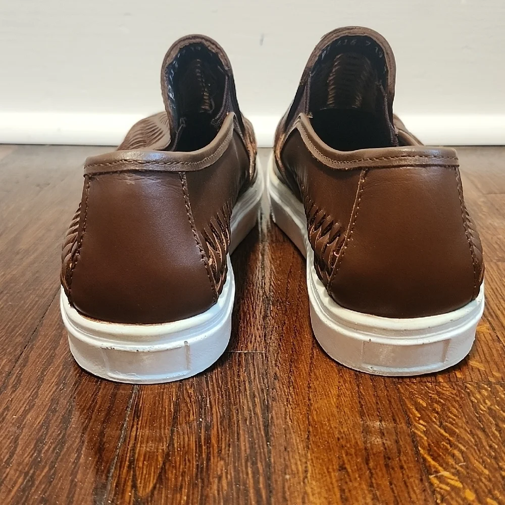 Hitchcock Wide Shoes Brown and White Slip-On Loafers with Woven Design